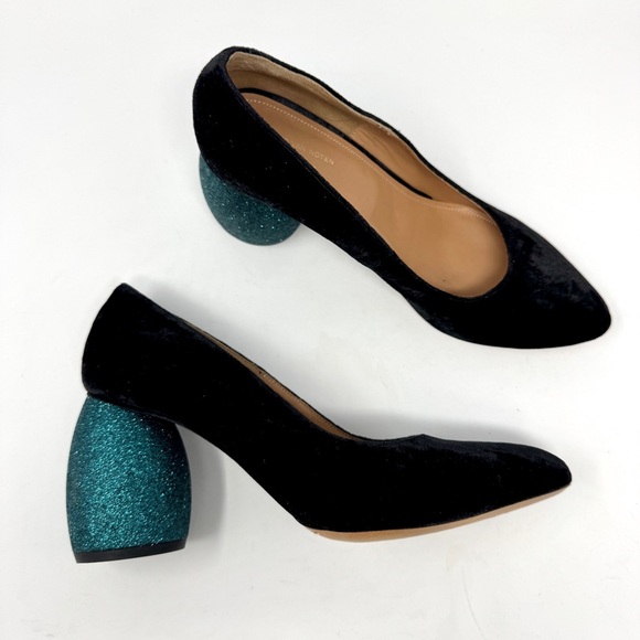 Dries Van Noten Black Velvet Heels with Blue Glitter Block - Picture 3 of 14